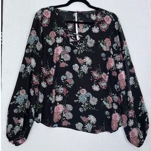 Plus‎ Size 2X Black Dark Romantic Floral Print Long Sleeve Peasant Blouse Top
